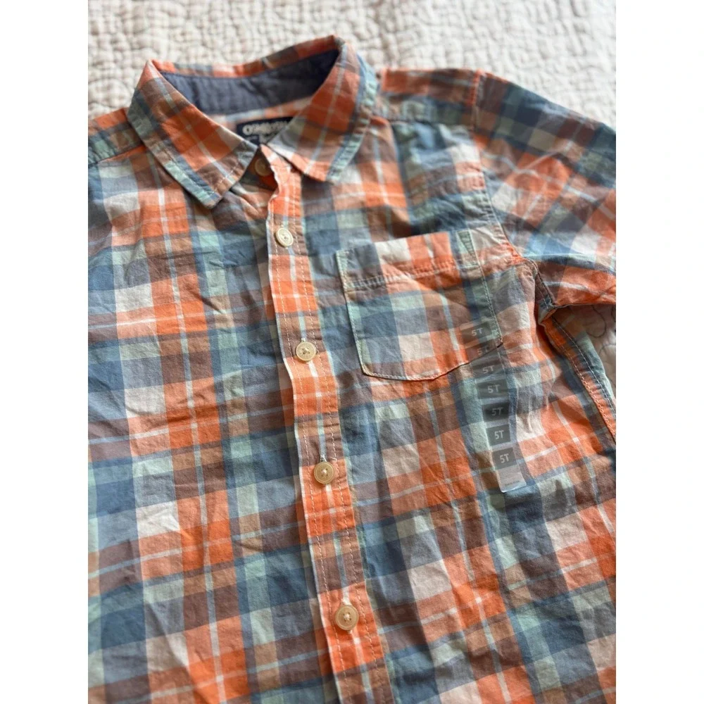 OshKosh Bgosh Boys 5T Plaid Button Down‎ Shirt Orange Blue Short Sleeve